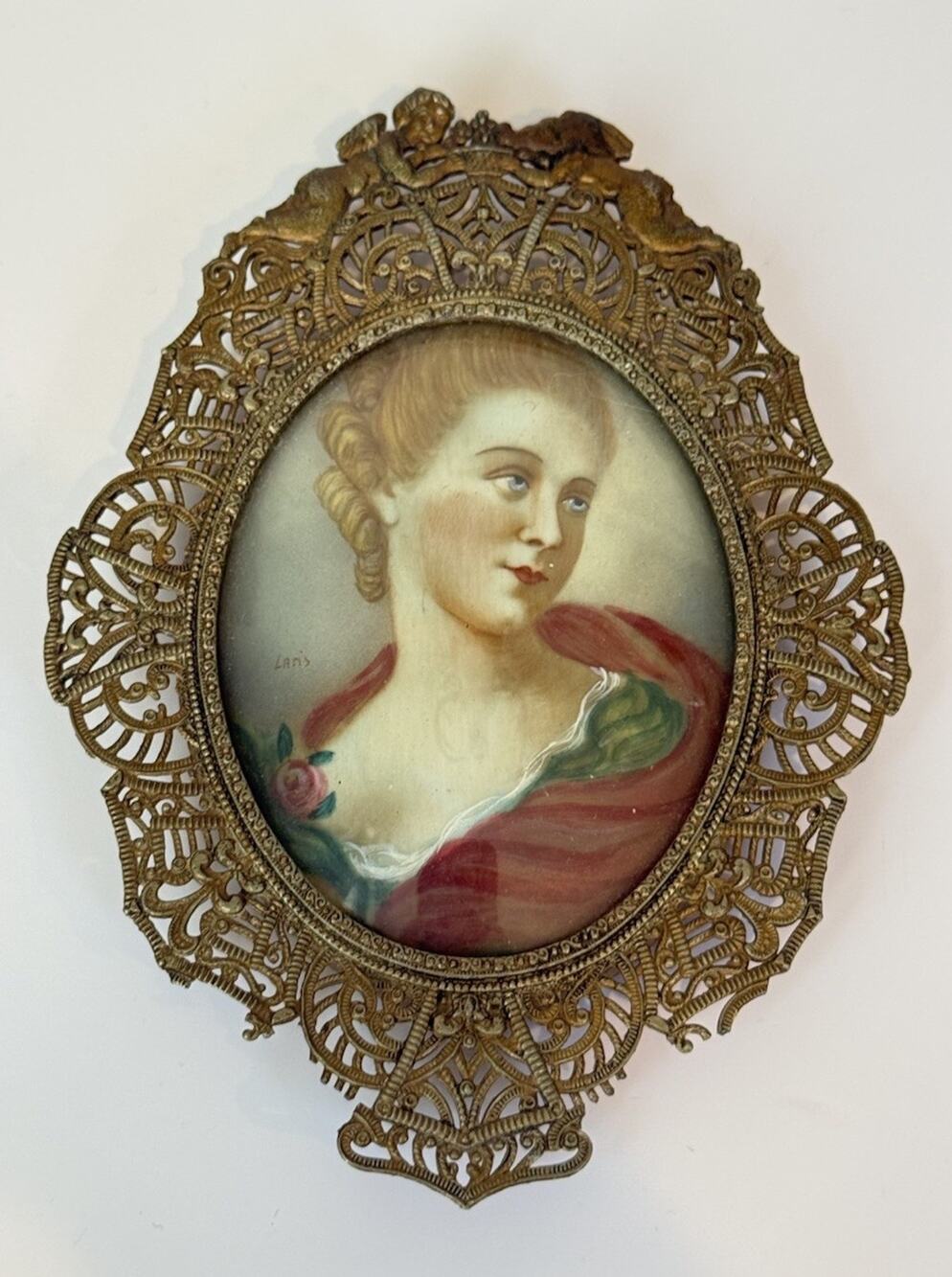 Vintage Hand Painted Portrait Miniature Signed Laris Ornate Cherub Frame 5.5”